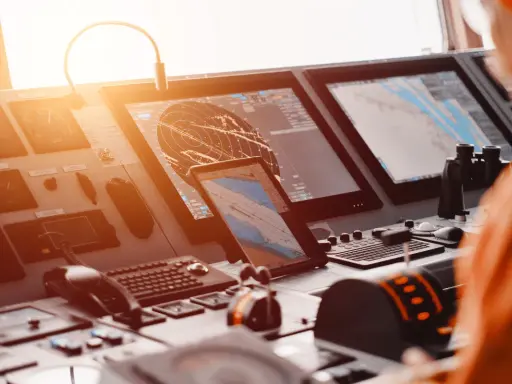 Tableau de bord d'un navire avec écrans radar et cartes maritimes. La **priorité voile** est assurée par ces technologies de navigation avancées.