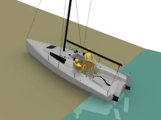 Un voilier blanc avec deux mannequins dorés, prêt pour une aventure seascape 24. L'eau turquoise reflète le ciel blanc.