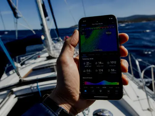 Sur un voilier, une main tient un smartphone affichant une application météo marine gratuite avec les prévisions pour Ibiza.