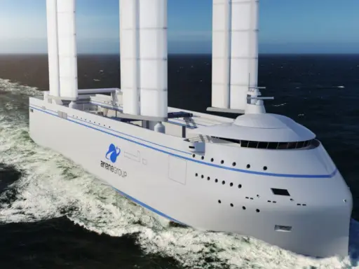 Bateau futuriste avec une canopée de voiles, naviguant sur une mer agitée.