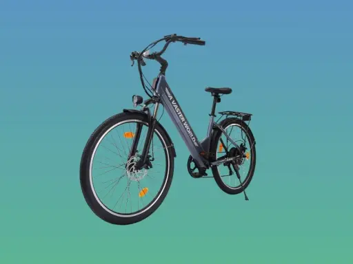 Vélo électrique gris, modèle A Vaster World express 600, avec porte-bagages et garde-boue, sur fond bleu dégradé.