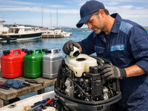 Mécanicien remplissant un moteur hors-bord essence 95 ou 98. Bidons de carburant rouges, verts et argentés à proximité.