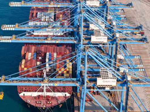Grands portiques bleus en action, chargeant des conteneurs sur un navire. La capacité porte conteneur est impressionnante, montrant la logistique mondiale.