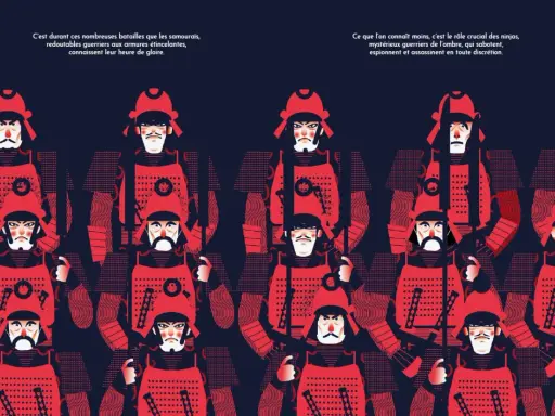 Rangée de samouraïs en armure rouge vif, visages expressifs, évoquant l'esprit du voilier samouraï.