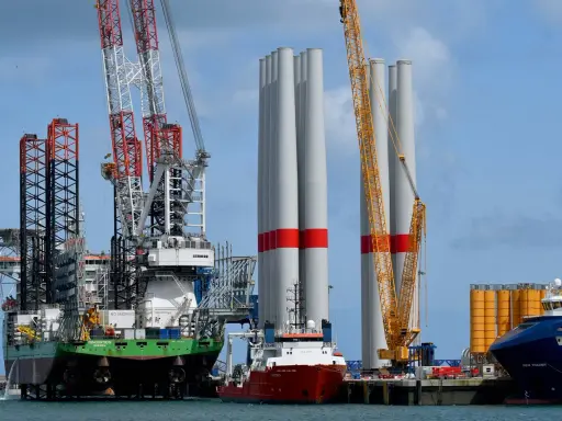 Un navire jack-up avec des grues massives se tient à côté de grandes tours d'éoliennes, prêt pour l'installation.