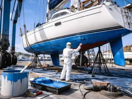 Un marinier en combinaison blanche peint le carénage d'un bateau blanc et bleu, soulevé par une grue.