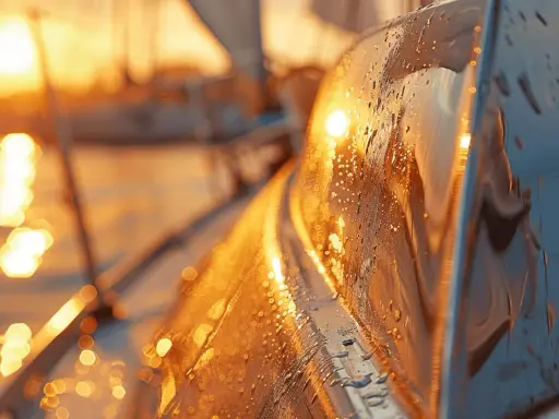 Gouttes d'eau sur le bord d'un voilier, reflétant un coucher de soleil safran.