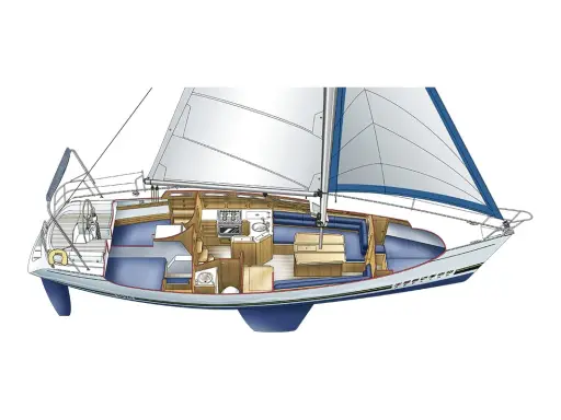 Coupe intérieure d'un voilier, montrant la cabine, la cuisine et le poste de pilotage. Fiche technique Feeling 1090.