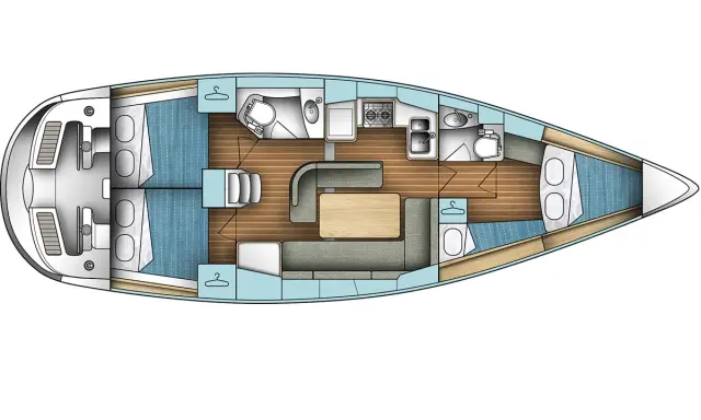 Schéma voilier vu de dessus : cabines, salle de bain, cuisine, salon avec table et banquettes.
