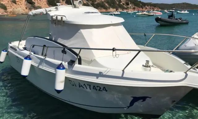 Bateau blanc à quai, avec pare-battages bleus et blancs. Le numéro d'immatriculation est visible, ainsi qu'un dauphin peint sur la coque. Fiche technique du Arvor 20.