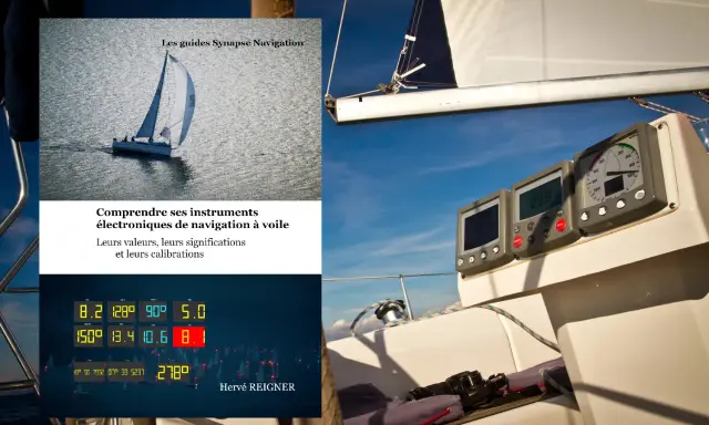 Instruments de navigation sur un voilier, affichant données et cap. L'étrave du bateau fend les flots.