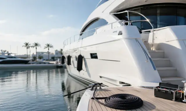 Un yacht blanc est amarré dans un port. Une corde est enroulée sur le pont. Le prix de l'entretien du bateau est élevé.