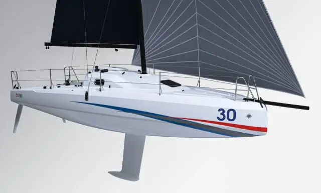 Voilier blanc Sun Fast 30 OD avec grand voile grise, prêt à fendre les vagues.