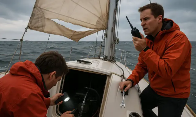 Deux hommes tentent de réparer un voilier en pleine mer. L'un utilise une lampe torche pour inspecter le moteur, tandis que l'autre communique par radio. Un **accident voilier** semble avoir eu lieu.