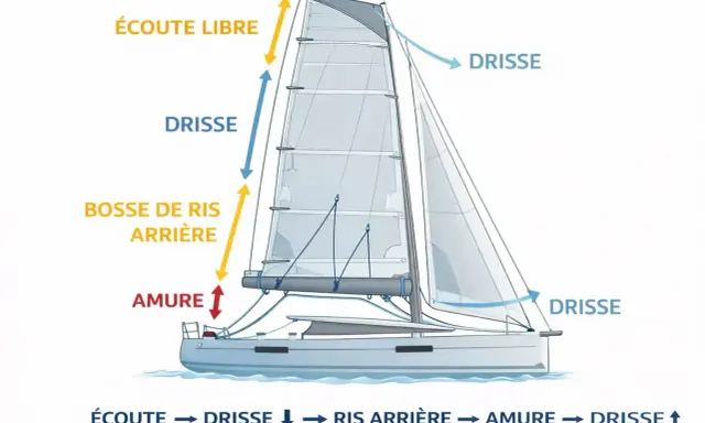 Schéma d'un voilier montrant le réglage de la grand-voile. La bosse de ris arrière est utilisée pour réduire la voilure.