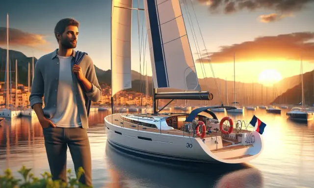 Un homme rêve de son prochain voyage. Quel voilier pour un tour du monde en solitaire ? Un yacht blanc élégant est amarré dans un port pittoresque au coucher du soleil.