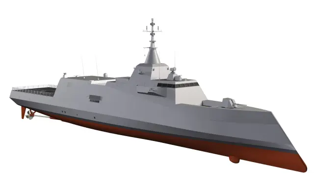 Navire de guerre moderne avec une étrave inversée distinctive, propulsé par une hélice visible.