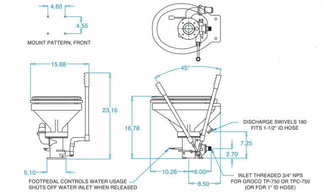 Schéma technique d'un wc marin, montrant ses dimensions et son wc marin fonctionnement. Le pédalier contrôle l'usage de l'eau.