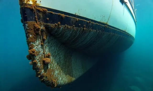 Vue sous-marine du **bateau mou** couvert d'algues et de coquillages, sa coque blanche et noire contrastant avec le bleu profond de l'eau.