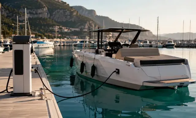 Un catamaran électrique blanc est amarré à quai, branché à une borne de recharge. Le port est bordé de collines verdoyantes.
