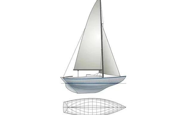 Vue latérale d'un voilier de type folk boat, avec sa ligne de flottaison et une vue en plan de sa coque.