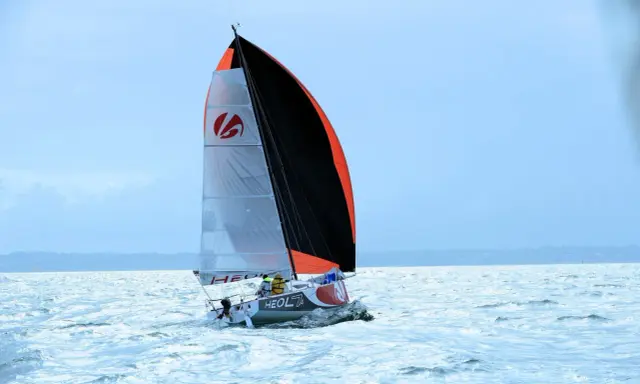 Voilier Heol 7.4 fendant les vagues, ses voiles bicolores gonflées par le vent. Deux marins à bord.