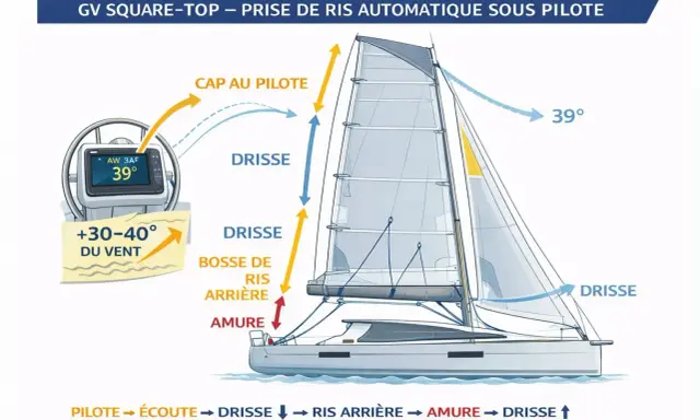 Schéma de prise de ris automatique sur un voilier. Le pilote automatique ajuste la voile selon le vent.