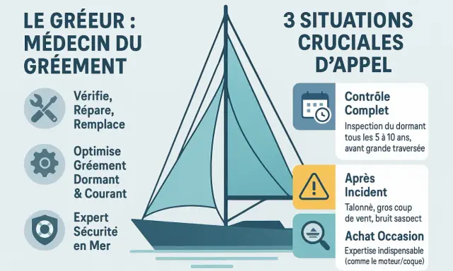 Le gréement d'un voilier, y compris le gréement courant, est essentiel. L'image montre un gréeur comme un médecin du gréement, avec des icônes pour la vérification, la réparation et l'optimisation.