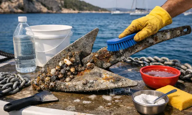 Gant jaune brossant une ancre rouillée couverte de coquillages. Préparation pour le nettoyage du bateau.