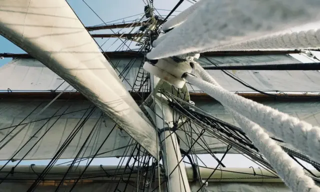 Vue en contre-plongée des voiles d'un voilier, avec le gréement dormant complexe et les cordages épais.