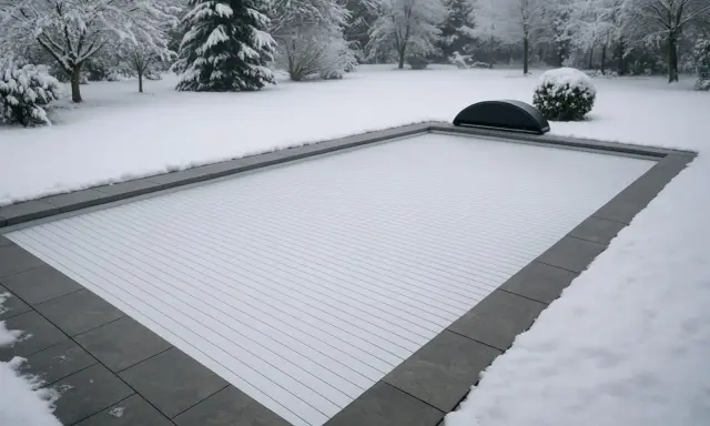 Piscine recouverte d'une couverture blanche et etanche, dans un jardin enneigé. Le paysage hivernal est paisible.