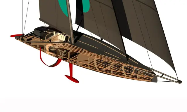 Maquette d'un voilier IMOCA foil, révélant sa structure interne complexe et ses appendices rouges.