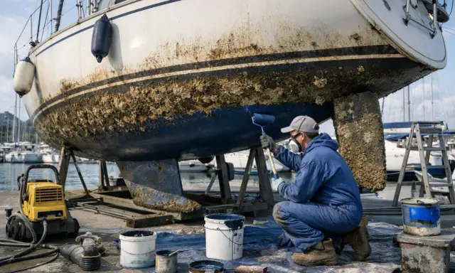 Un marinier applique une nouvelle couche de peinture antifouling sur la coque d'un voilier. Il est temps de choisir quel antifouling choisir pour protéger le bateau.