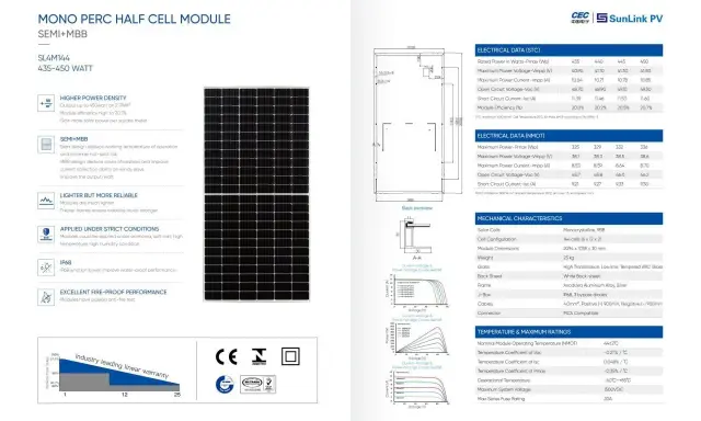 Panneau solaire mono PERC half cell, avec tableau de données techniques et caractéristiques mécaniques.