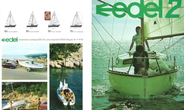 Bateau Edel 2 en mer, deux hommes à bord. Le logo Edel 2 est bien visible.
