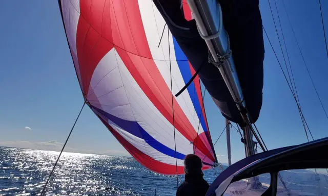 Un spi symétrique aux couleurs vives gonflé par le vent, naviguant sur une mer scintillante sous un ciel bleu clair.