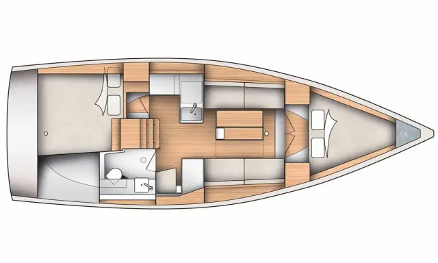 Plan intérieur du Dufour 360, montrant cabine, carré, cuisine et salle d'eau. Fiche technique détaillée.