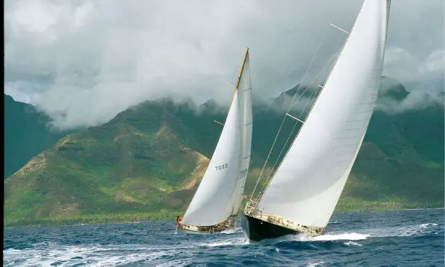 Deux voiliers de course, dont un avec le numéro 7020, naviguent sur une mer agitée, avec des montagnes verdoyantes et brumeuses en arrière-plan. Le pen duick 3 est en pleine action.