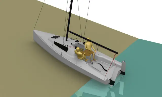 Un voilier blanc avec deux mannequins dorés, prêt pour une aventure seascape 24. L'eau turquoise reflète le ciel blanc.
