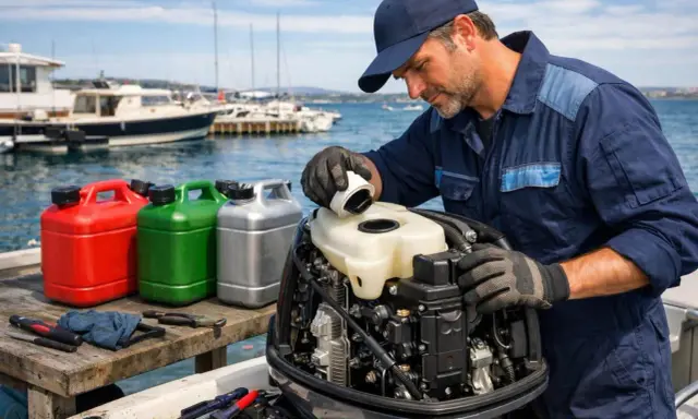 Mécanicien remplissant un moteur hors-bord essence 95 ou 98. Bidons de carburant rouges, verts et argentés à proximité.