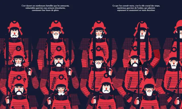Rangée de samouraïs en armure rouge vif, visages expressifs, évoquant l'esprit du voilier samouraï.