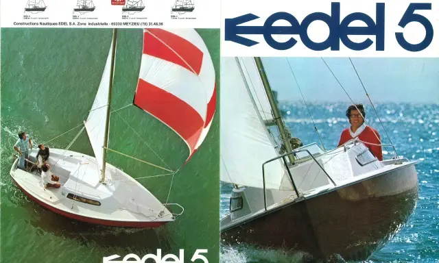 Le voilier Edel 5 navigue sur une mer scintillante, avec une personne souriante au gouvernail.