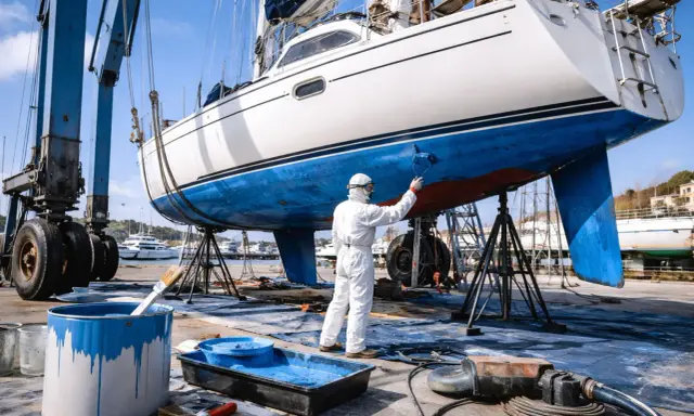 Un marinier en combinaison blanche peint le carénage d'un bateau blanc et bleu, soulevé par une grue.