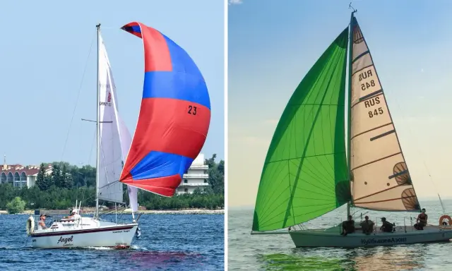 Voiliers en pleine course, l'un avec un spi asymétrique rouge et bleu, l'autre avec une voile verte éclatante.