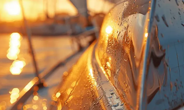 Gouttes d'eau sur le bord d'un voilier, reflétant un coucher de soleil safran.