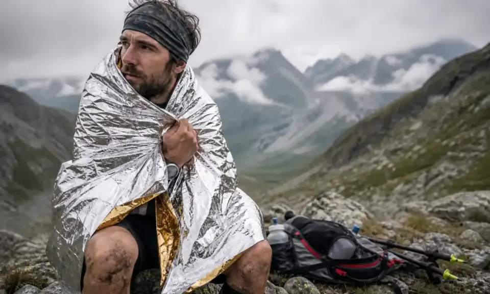 Un coureur transi, enveloppé dans une couverture de survie, contemple le paysage montagneux. Son sac à dos et ses bâtons de randonnée sont posés à côté.