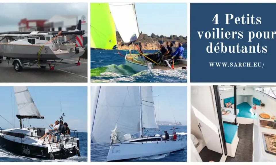 4 petits voiliers pour débutants : un sur remorque, un en action avec équipage, un autre naviguant, et l'intérieur d'un bateau.