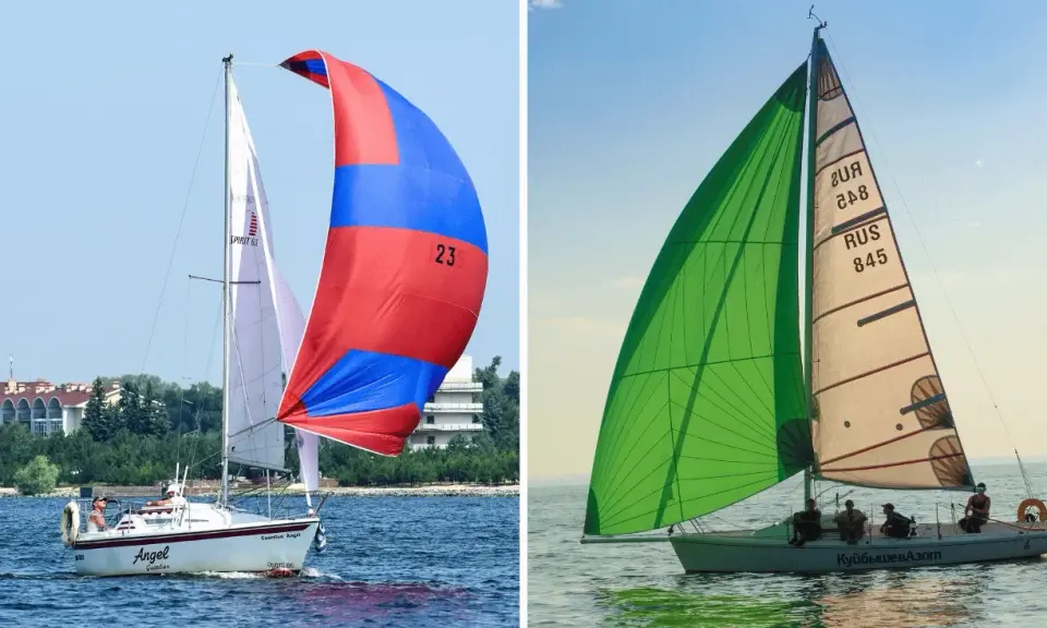 Voiliers en pleine course, l'un avec un spi asymétrique rouge et bleu, l'autre avec une voile verte éclatante.