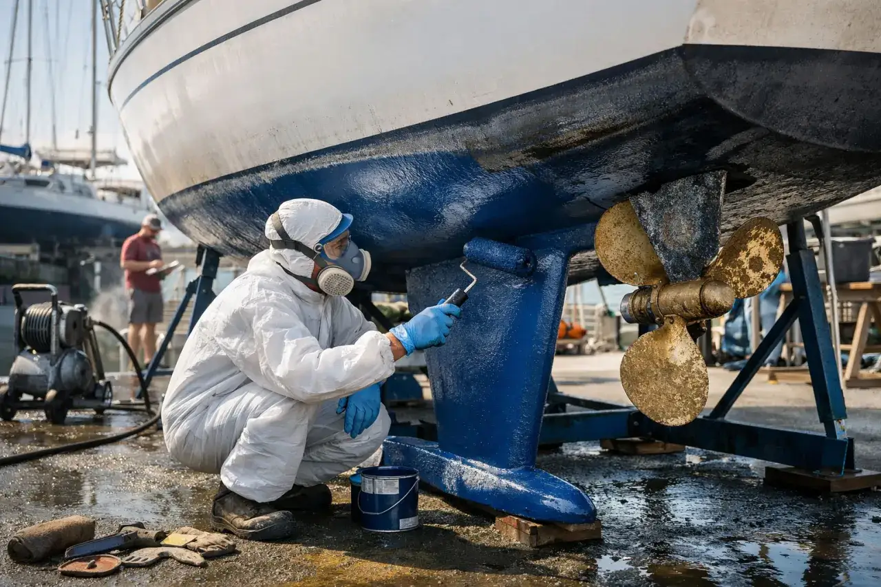 Un ouvrier en combinaison blanche et masque peint la quille bleue d'un bateau, effectuant l'entretien nécessaire pour le protéger.