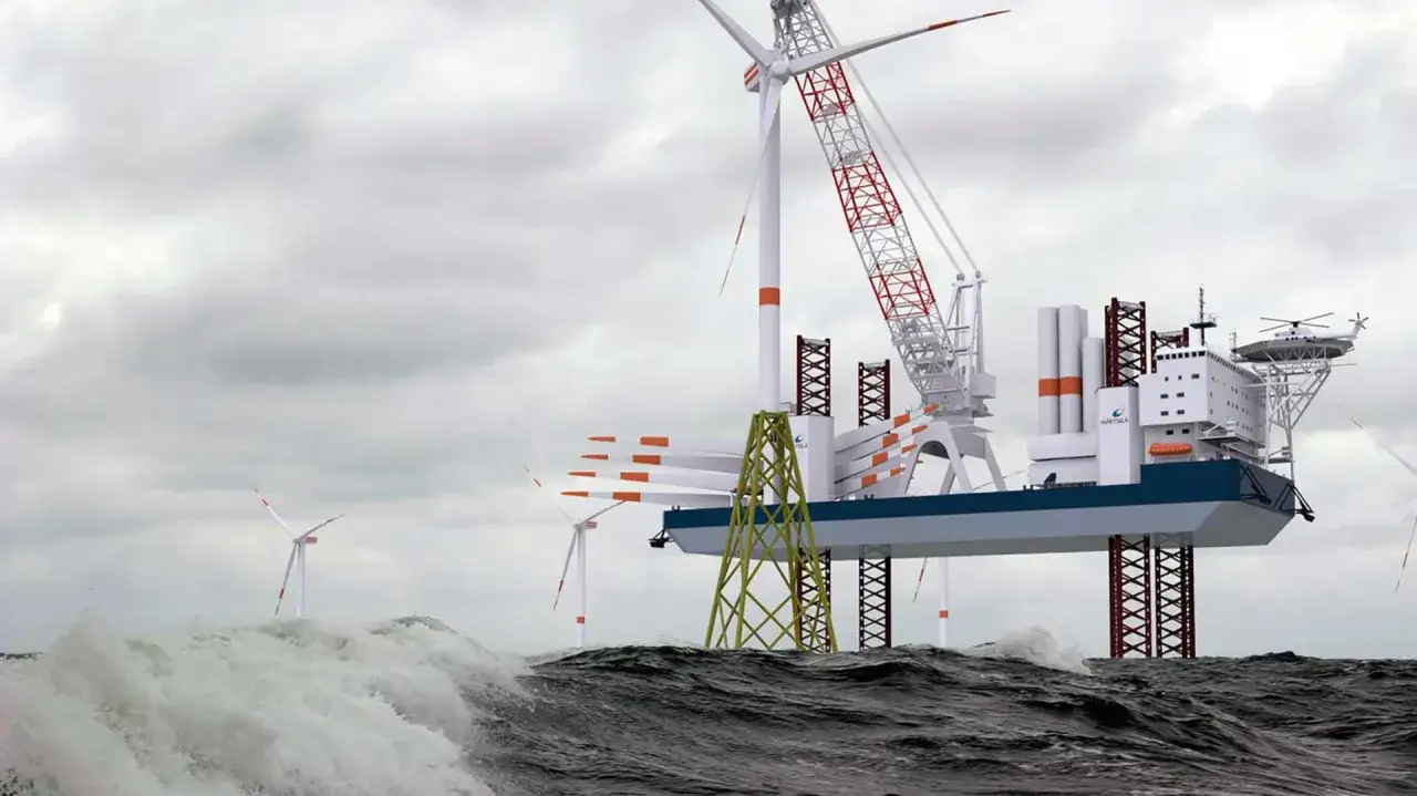 Une plateforme jack-up s'élève au-dessus des vagues, prête à installer des éoliennes en mer. Un hélicoptère est posé sur le pont.
